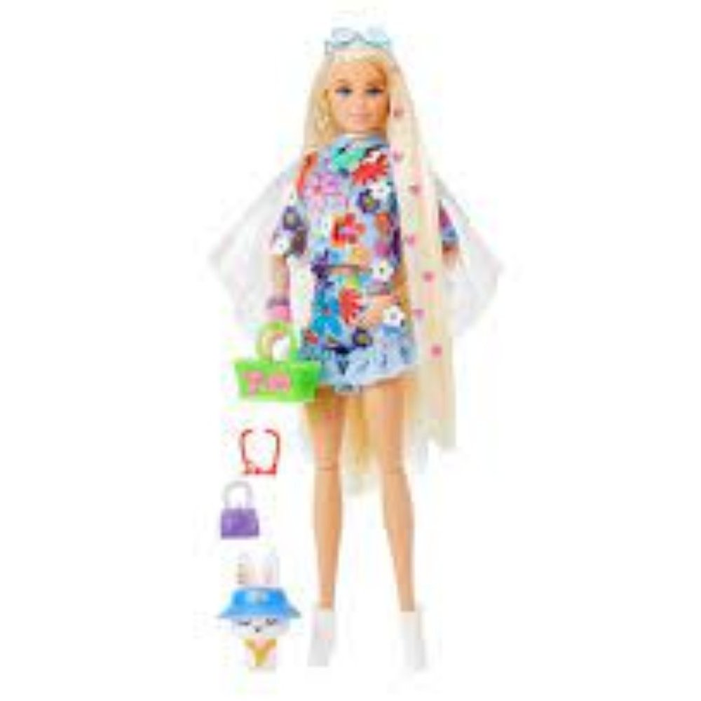 NIB Barbie Extra Doll #12 in Floral 2-Piece Fashion & Accessories with Pet Bunny
